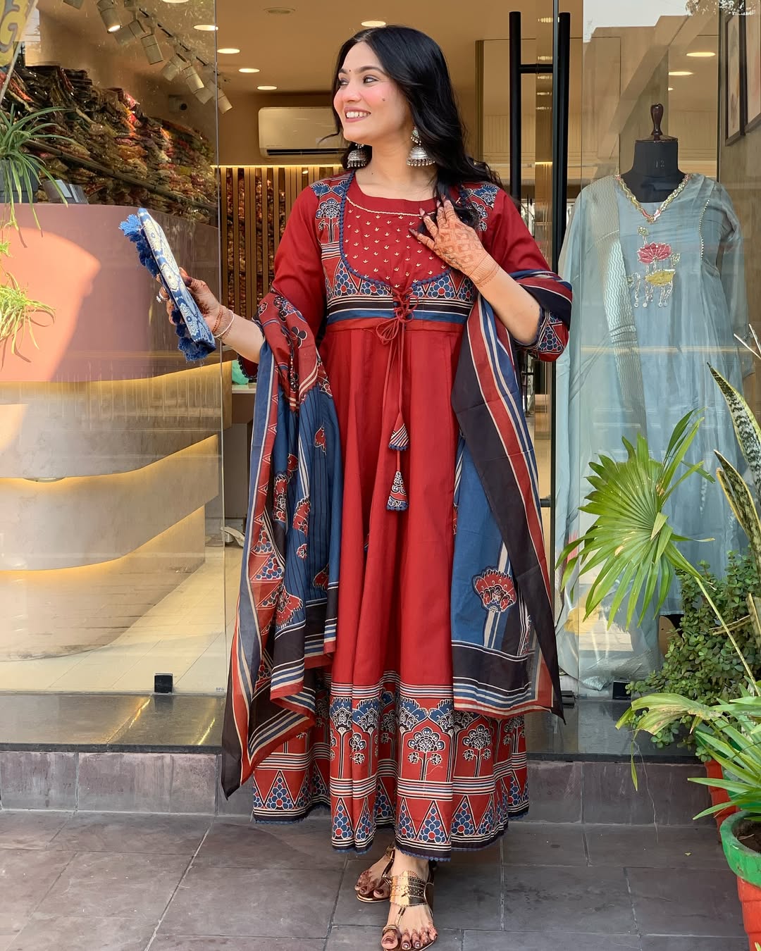 Rust Red Anarkali Cotton Kurti Set with Printed Dupatta