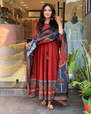 Rust Red Anarkali Cotton Kurti Set with Printed Dupatta