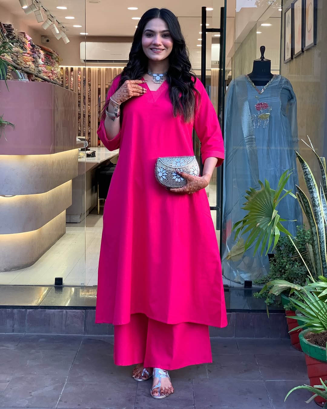 Pink Solid Cotton Kurti with Palazzo Set