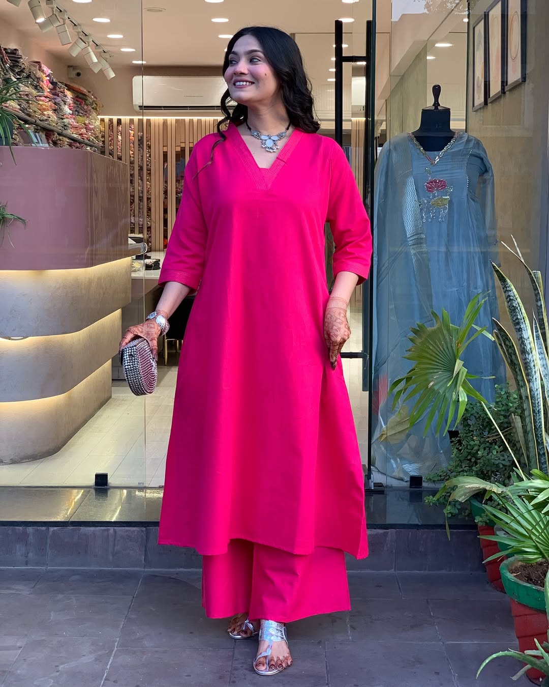 Pink Solid Cotton Kurti with Palazzo Set