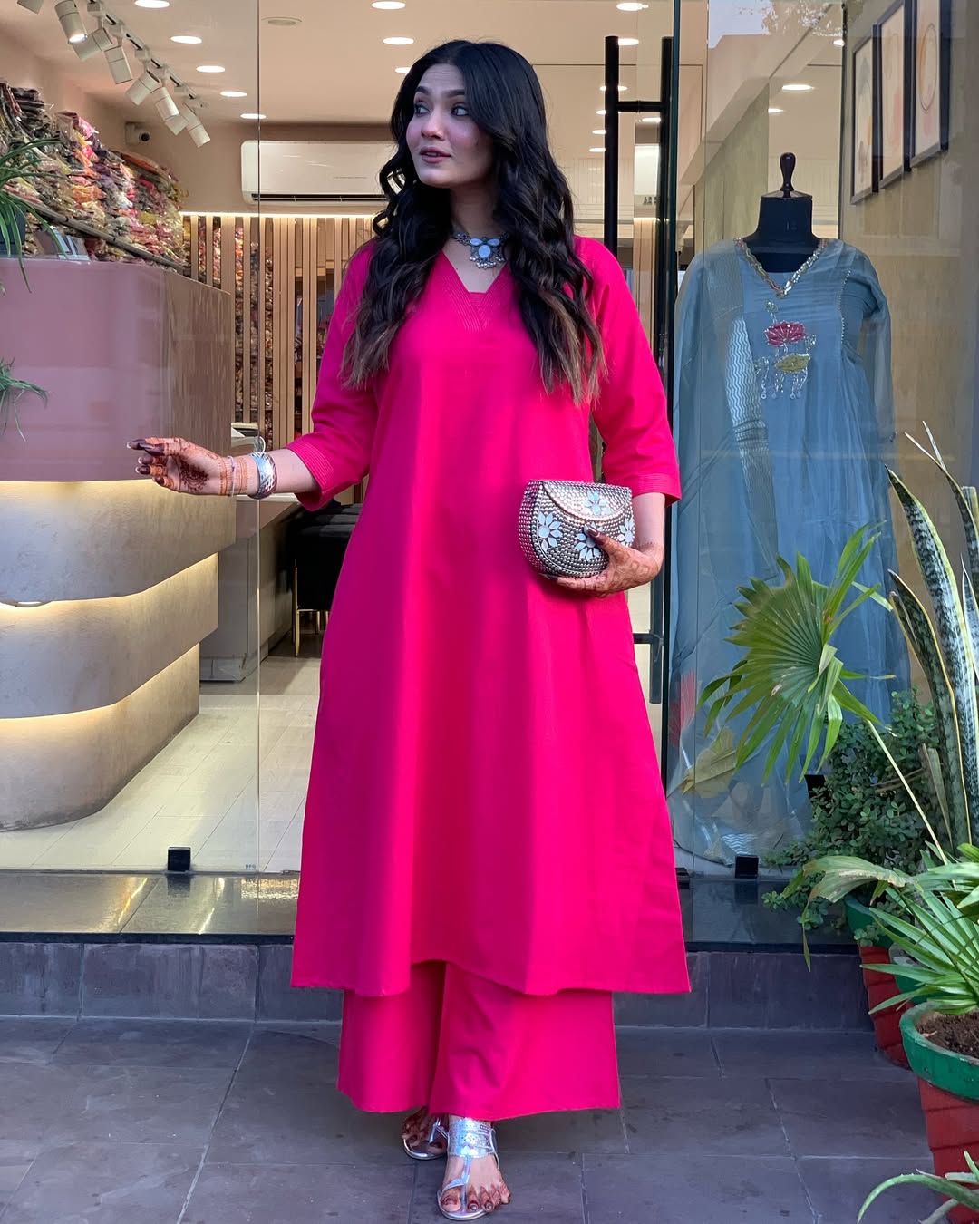 Pink Solid Cotton Kurti with Palazzo Set