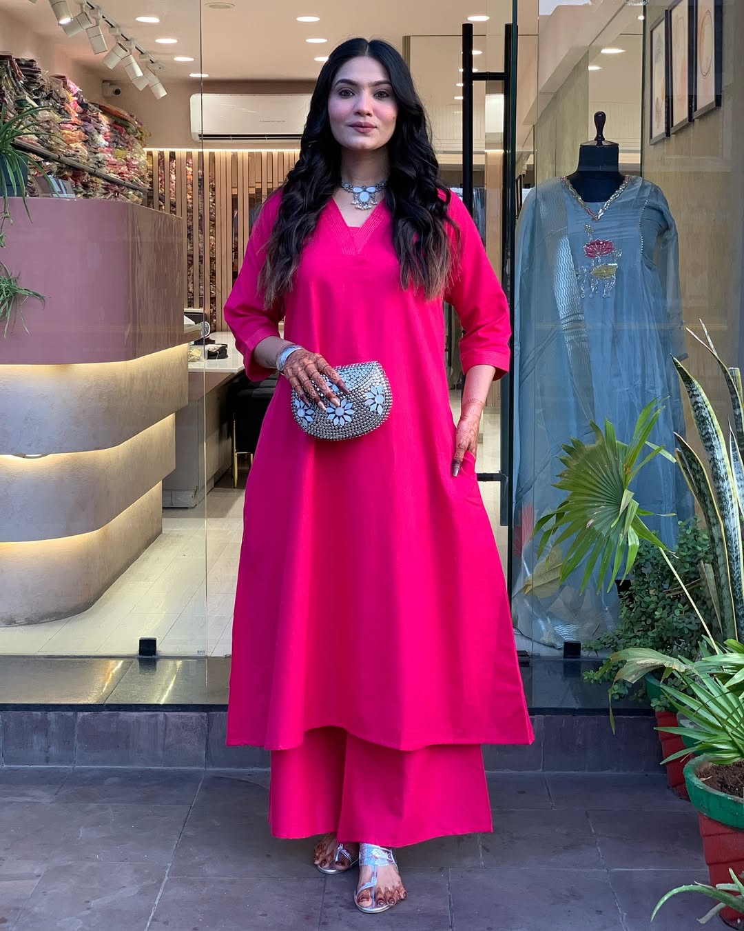 Pink Solid Cotton Kurti with Palazzo Set