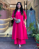 Pink Solid Cotton Kurti with Palazzo Set