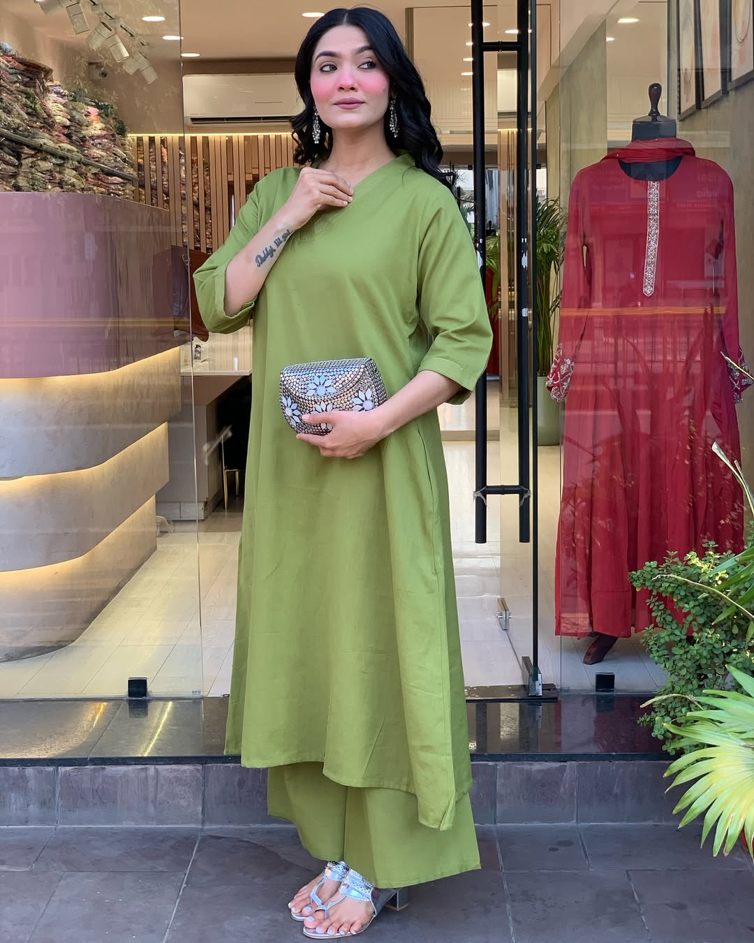 Green Solid Cotton Kurti with Palazzo Set