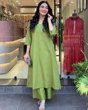 Green Solid Cotton Kurti with Palazzo Set