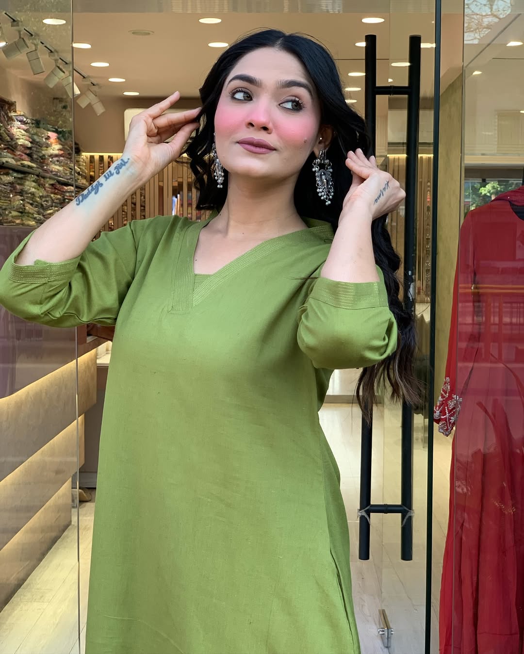 Green Solid Cotton Kurti with Palazzo Set