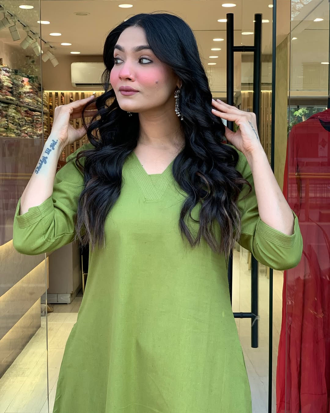 Green Solid Cotton Kurti with Palazzo Set
