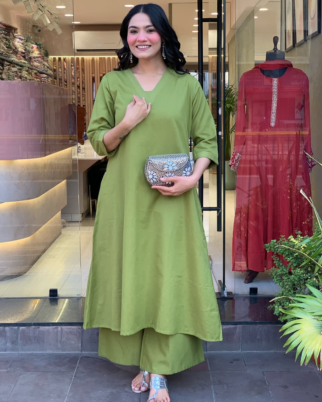 Green Solid Cotton Kurti with Palazzo Set