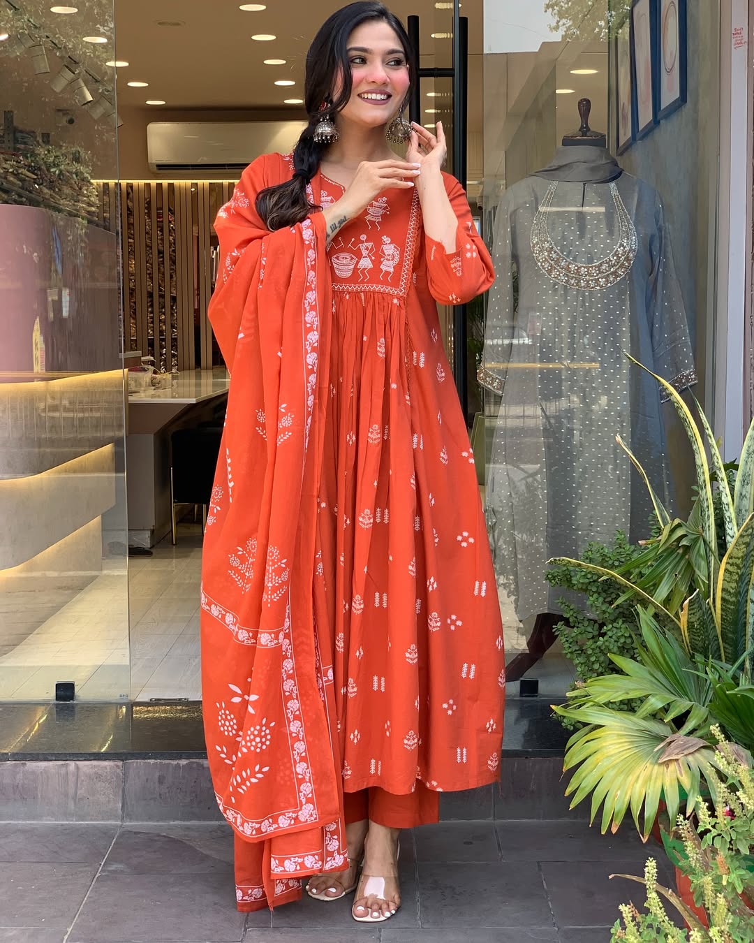 Rust Orange Handblock Printed Cotton Anarkali Kurta with Dupatta