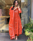 Rust Orange Handblock Printed Cotton Anarkali Kurta with Dupatta