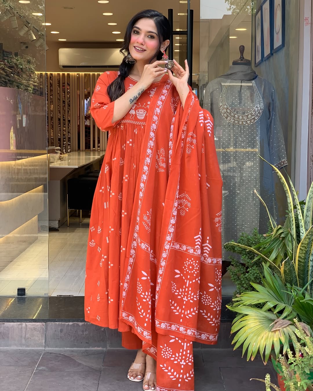 Rust Orange Handblock Printed Cotton Anarkali Kurta with Dupatta