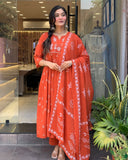 Rust Orange Handblock Printed Cotton Anarkali Kurta with Dupatta