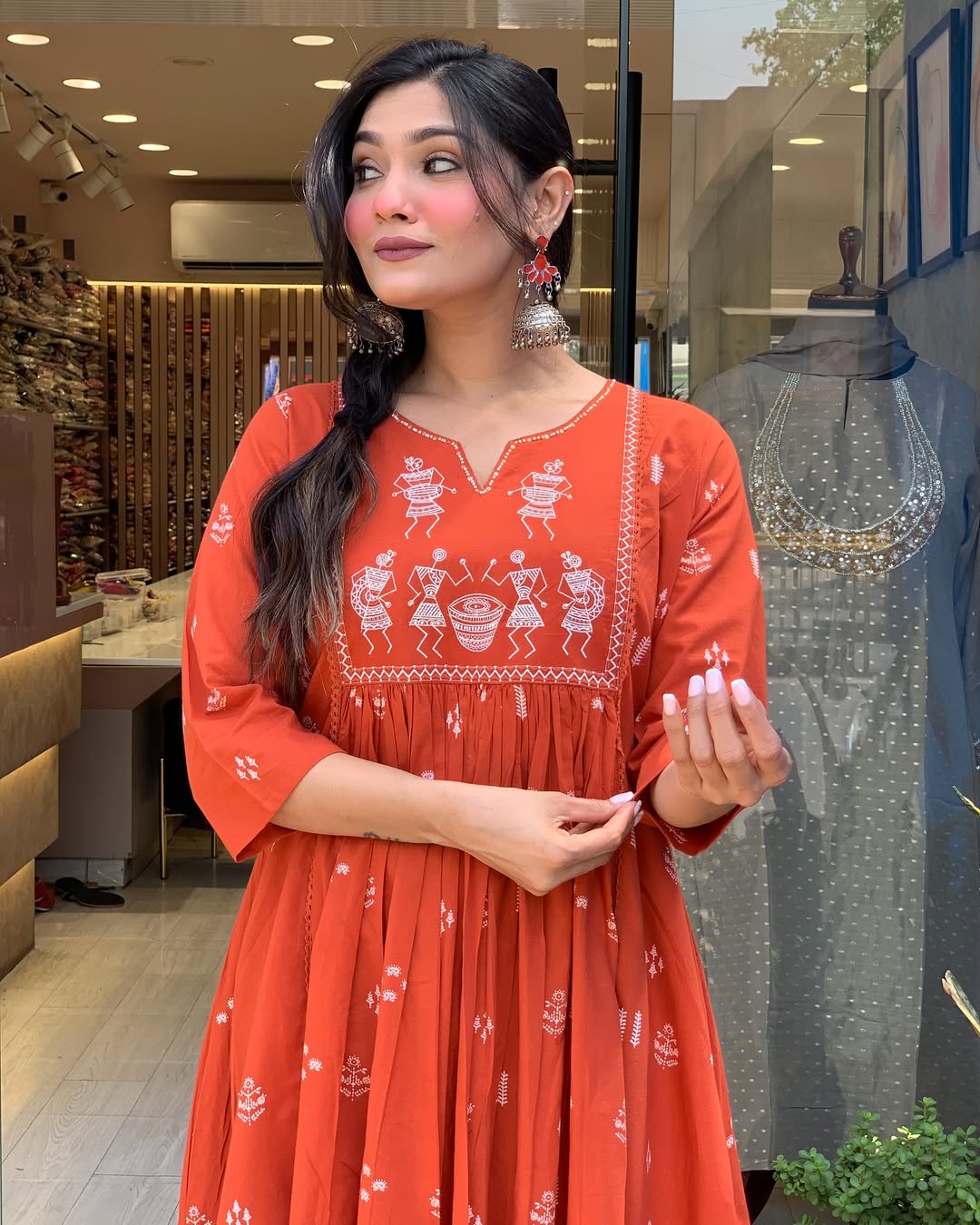 Rust Orange Handblock Printed Cotton Anarkali Kurta with Dupatta