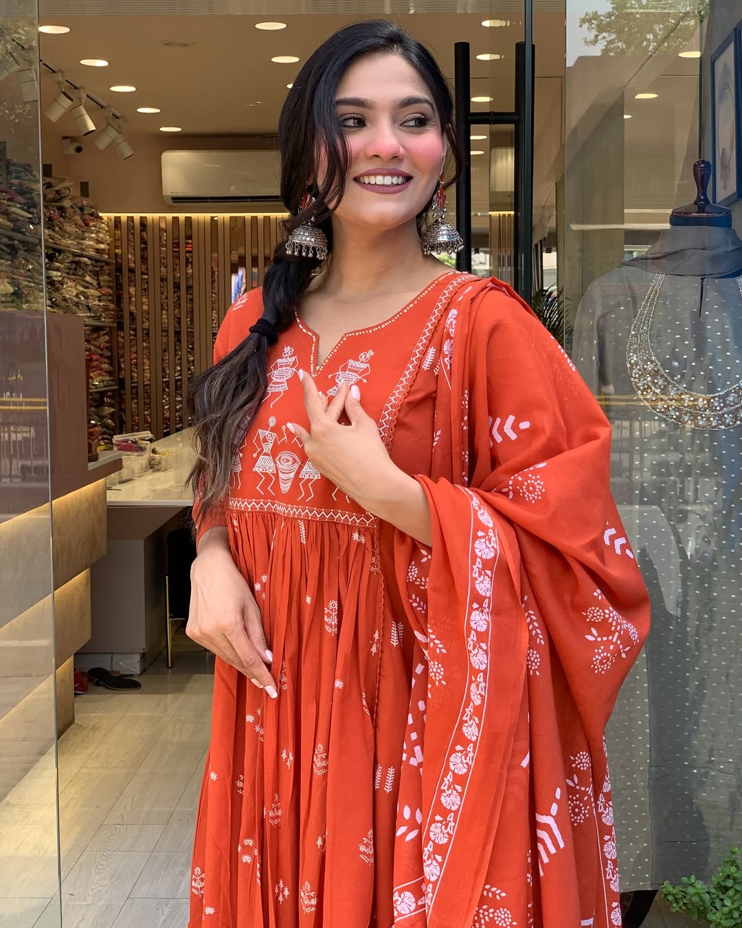 Rust Orange Handblock Printed Cotton Anarkali Kurta with Dupatta