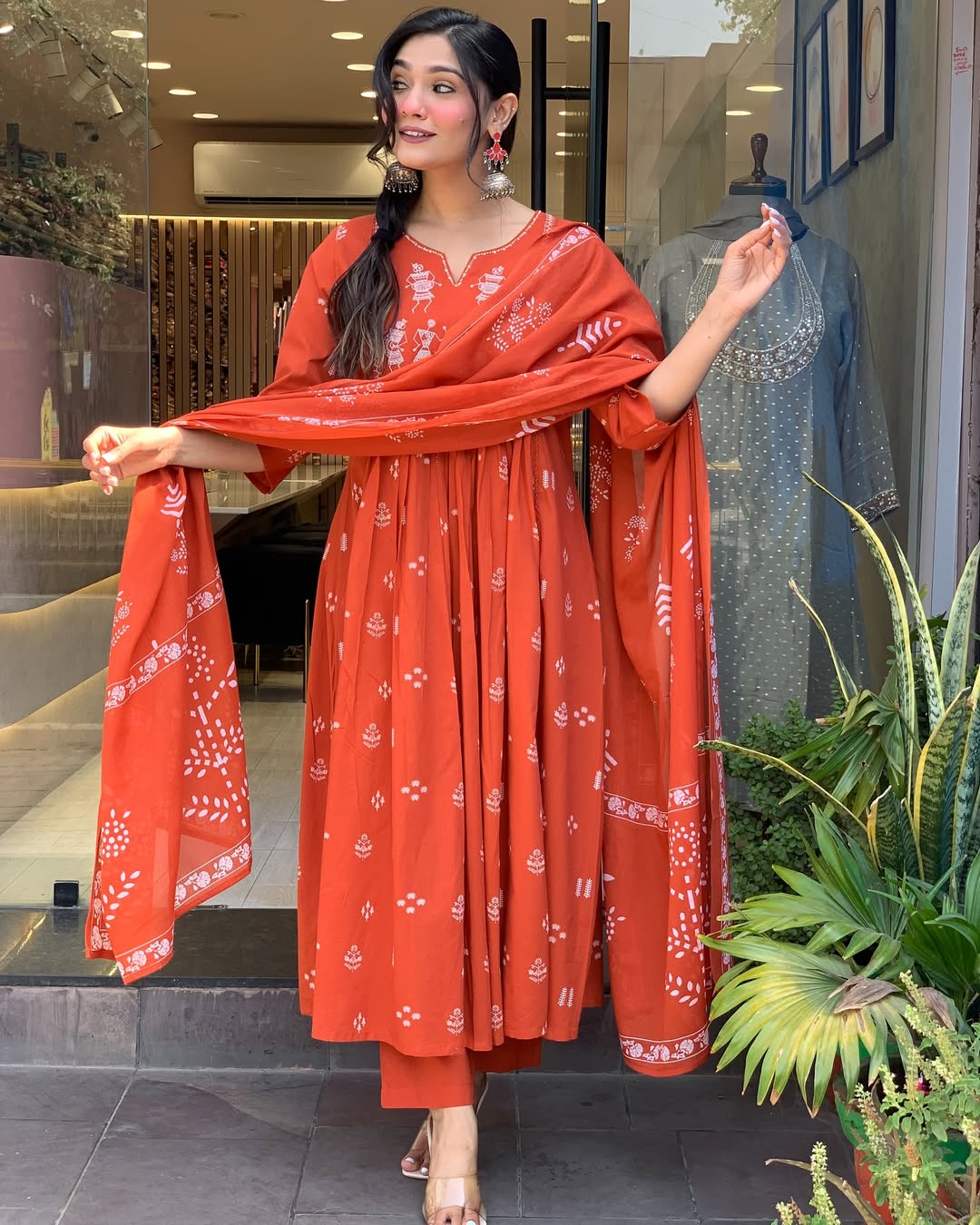 Rust Orange Handblock Printed Cotton Anarkali Kurta with Dupatta