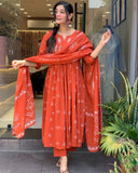 Rust Orange Handblock Printed Cotton Anarkali Kurta with Dupatta