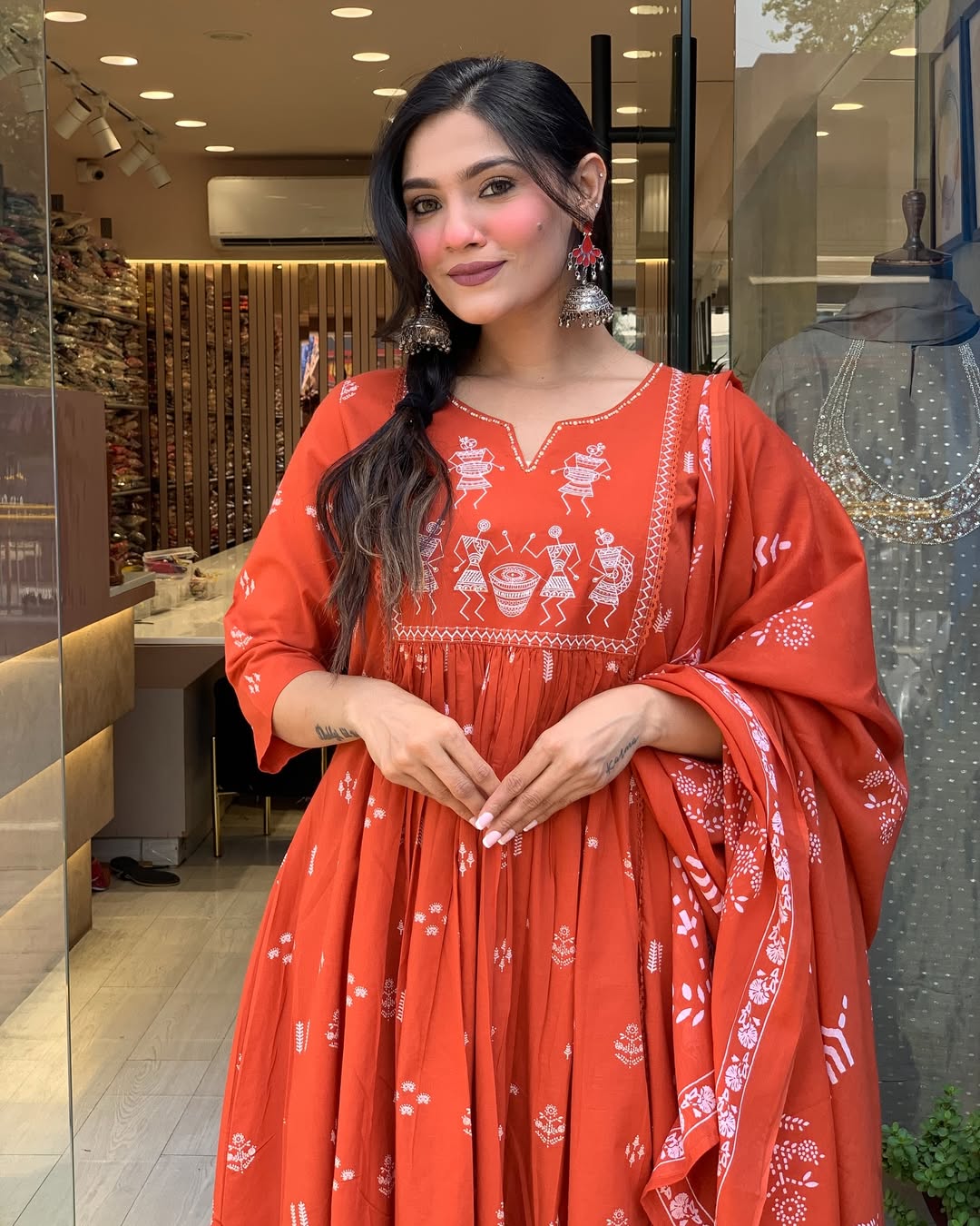 Rust Orange Handblock Printed Cotton Anarkali Kurta with Dupatta