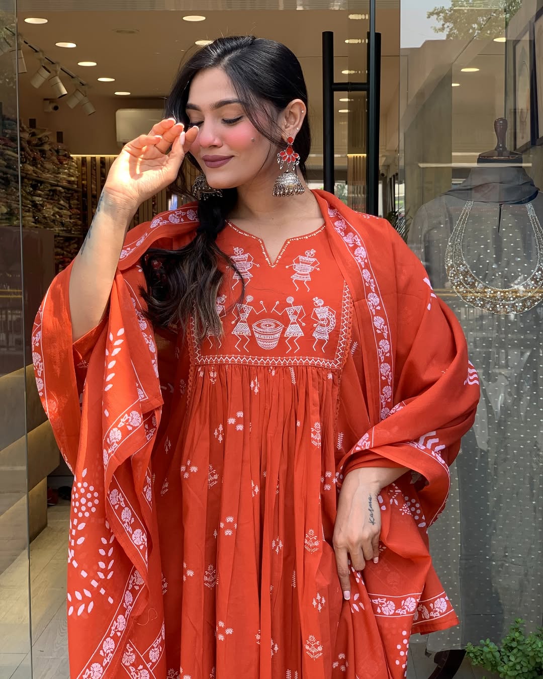 Rust Orange Handblock Printed Cotton Anarkali Kurta with Dupatta