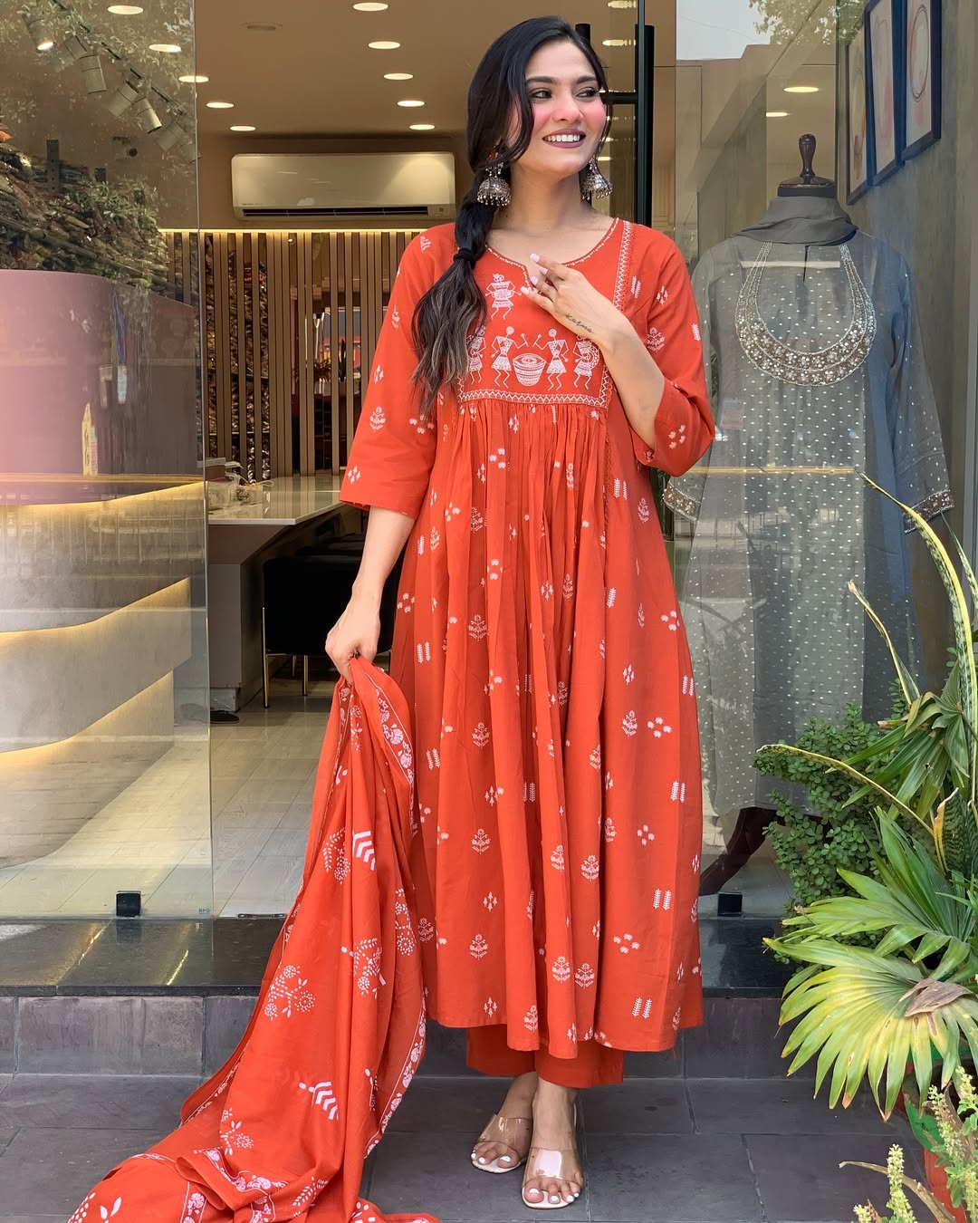 Rust Orange Handblock Printed Cotton Anarkali Kurta with Dupatta