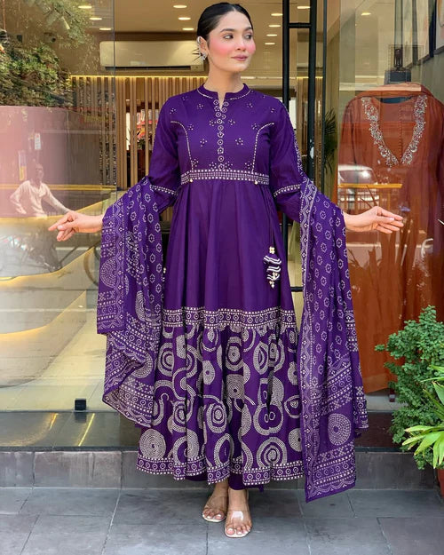 Royal Purple Anarkali Kurta Set with Printed Dupatta