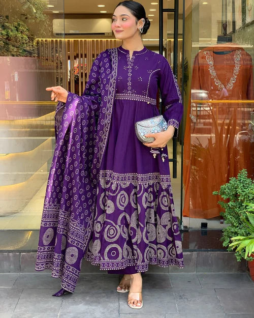 Royal Purple Anarkali Kurta Set with Printed Dupatta