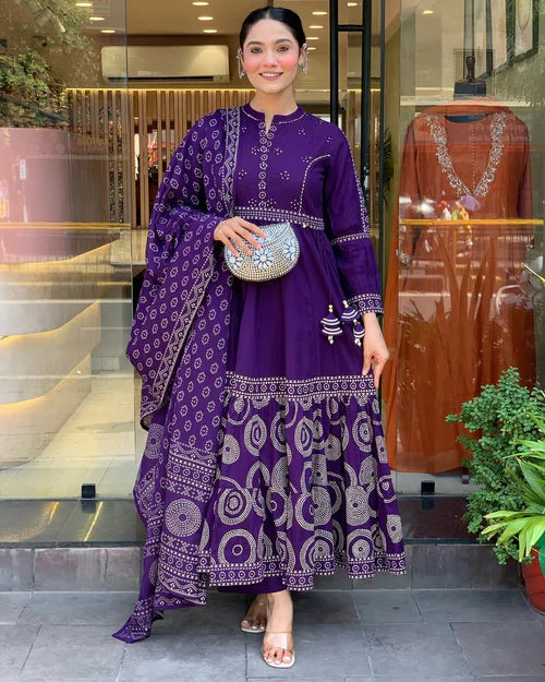 Royal Purple Anarkali Kurta Set with Printed Dupatta