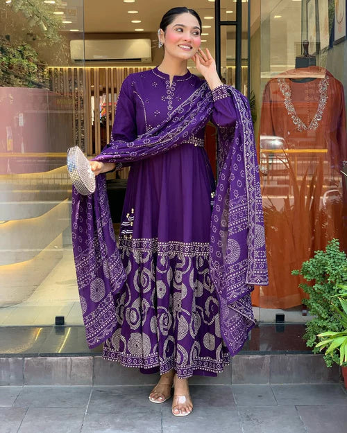Royal Purple Anarkali Kurta Set with Printed Dupatta