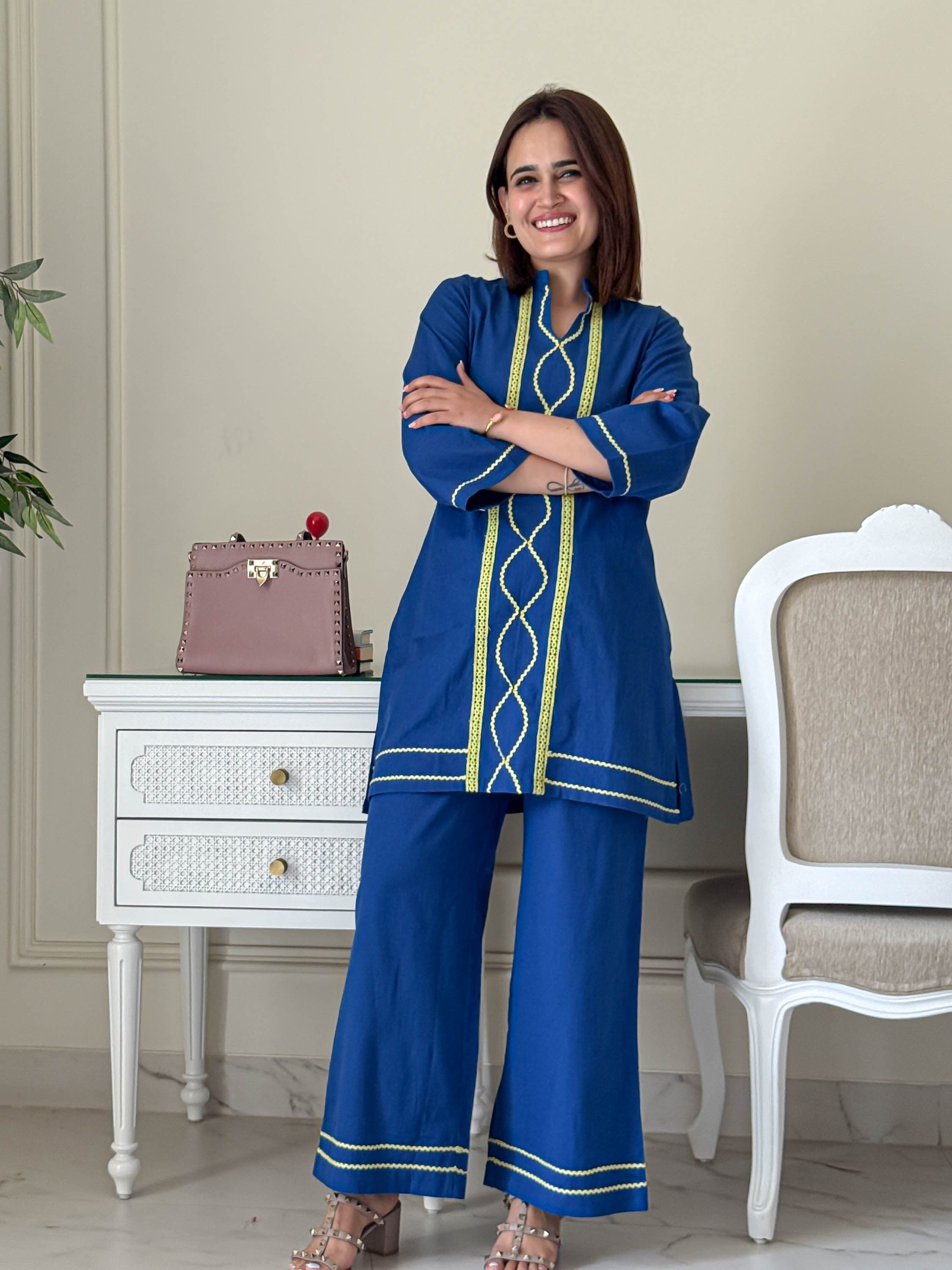 Blue Cotton Embroidered Co-Ord Set
