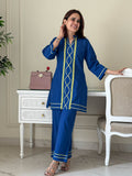 Blue Cotton Embroidered Co-Ord Set