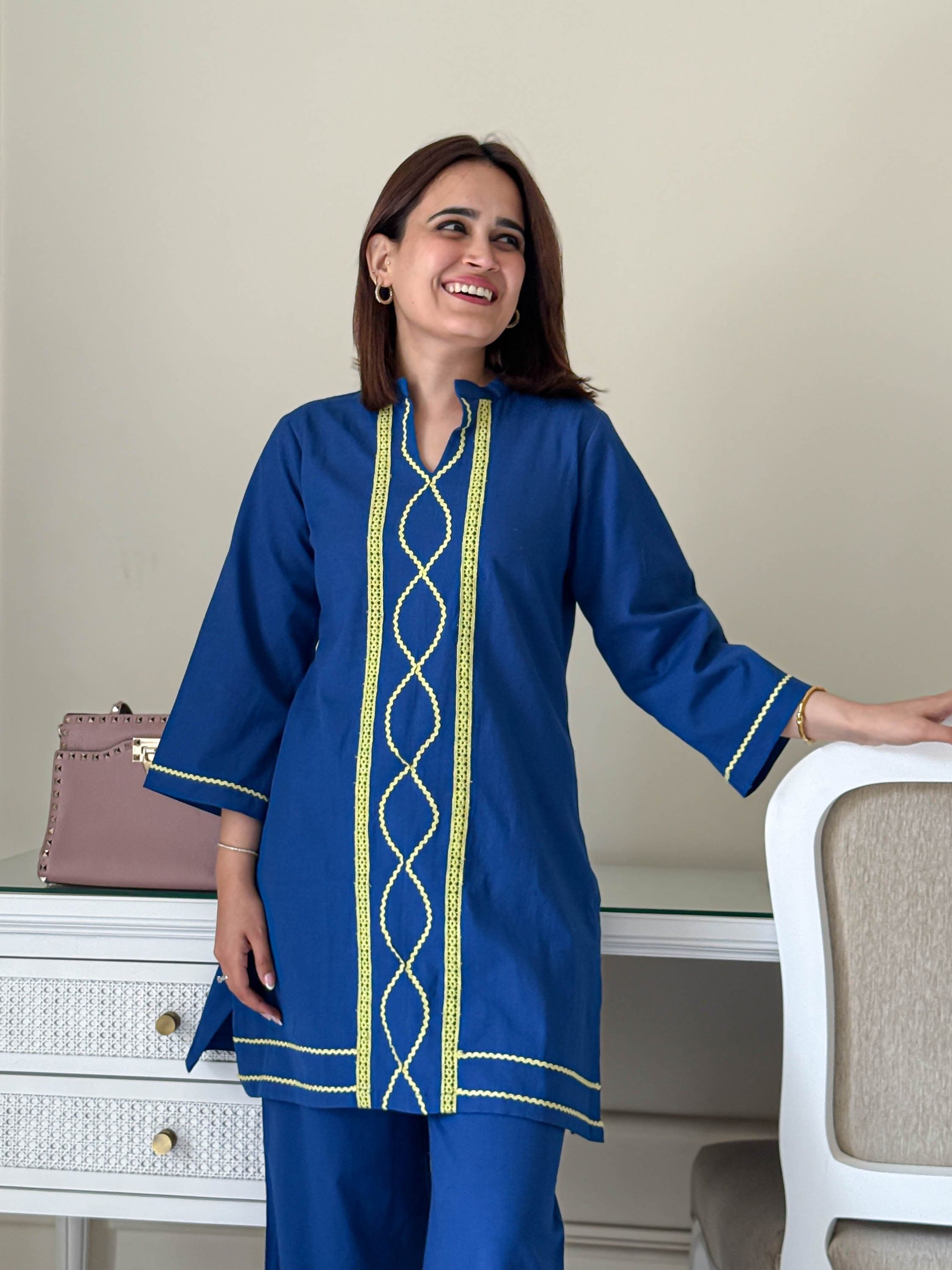 Blue Cotton Embroidered Co-Ord Set