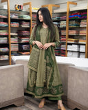 Green Heavy Look Flaired Kurti Work On V-Neck Cotton Kurti Pant Dupatta Salwar Kameez For Women (Set Of 3)