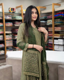 Green Heavy Look Flaired Kurti Work On V-Neck Cotton Kurti Pant Dupatta Salwar Kameez For Women (Set Of 3)