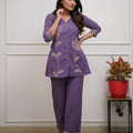 Women’s Lavender Embroidered Cotton Blend Kurti Pant Co-Ord Set