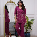 Women’s Purple Embroidered Cotton Blend Kurti Pant Co-Ord Set