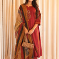 Elegant Maroon Printed Kurta Set with Dupatta & Ethnic Clutch