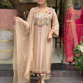 Elegant Beige Cotton Embroidered Kurta Set with Dupatta