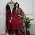 Elegant Wine Red Embroidered Kurta Set with Printed Dupatta