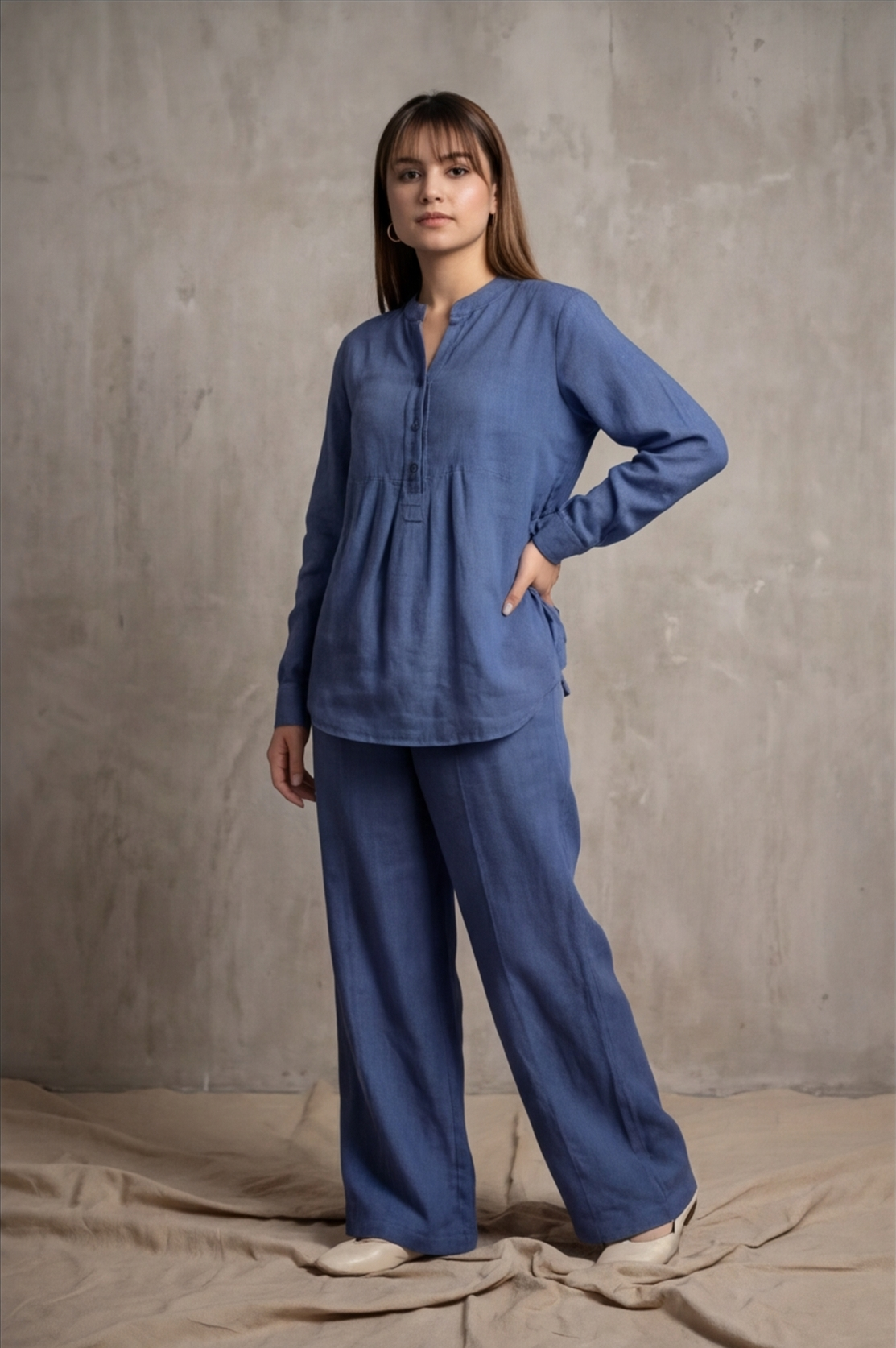 Women Cotton V-neck Two-piece Suit