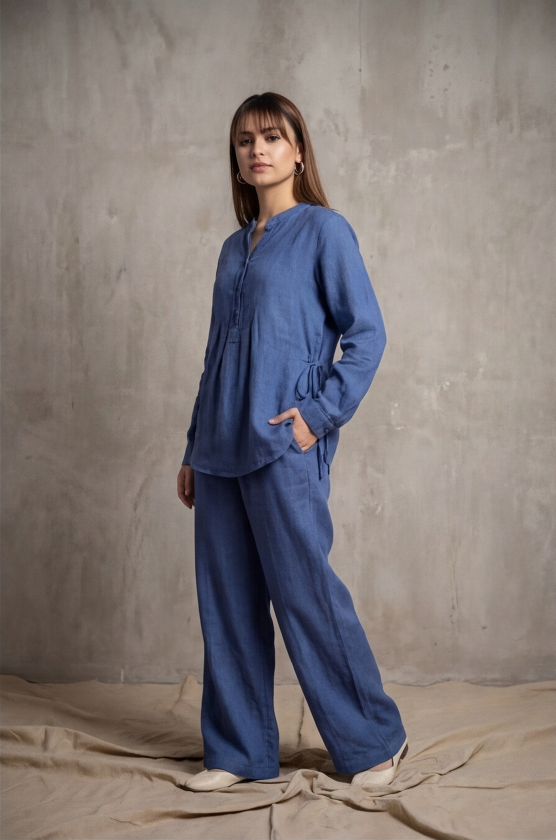 Women Cotton V-neck Two-piece Suit