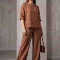 Women Round Neck Long Sleeve Side Pocket High Waist Wide Leg Trousers Set
