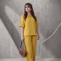 Women Round Neck Long Sleeve Side Pocket High Waist Wide Leg Trousers Set