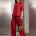 Women Round Neck Long Sleeve Side Pocket High Waist Wide Leg Trousers Set