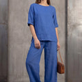 Women Round Neck Long Sleeve Side Pocket High Waist Wide Leg Trousers Set