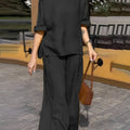 Women Round Neck Long Sleeve Side Pocket High Waist Wide Leg Trousers Set
