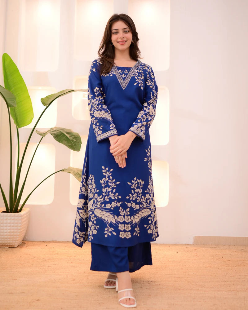 Blue Cotton A Line Kurta Palazzo Set
