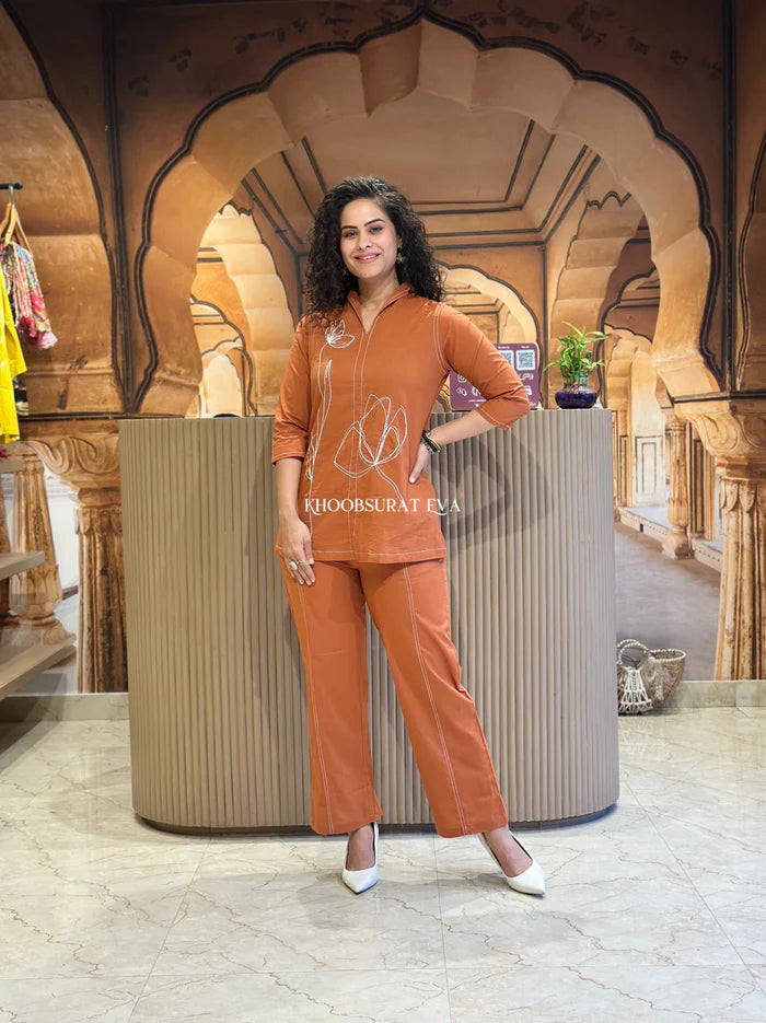 Brown Cotton Embroidered Co-Ord Set