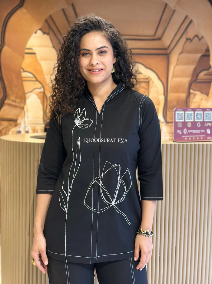 Black Cotton Embroidered Co-Ord Set