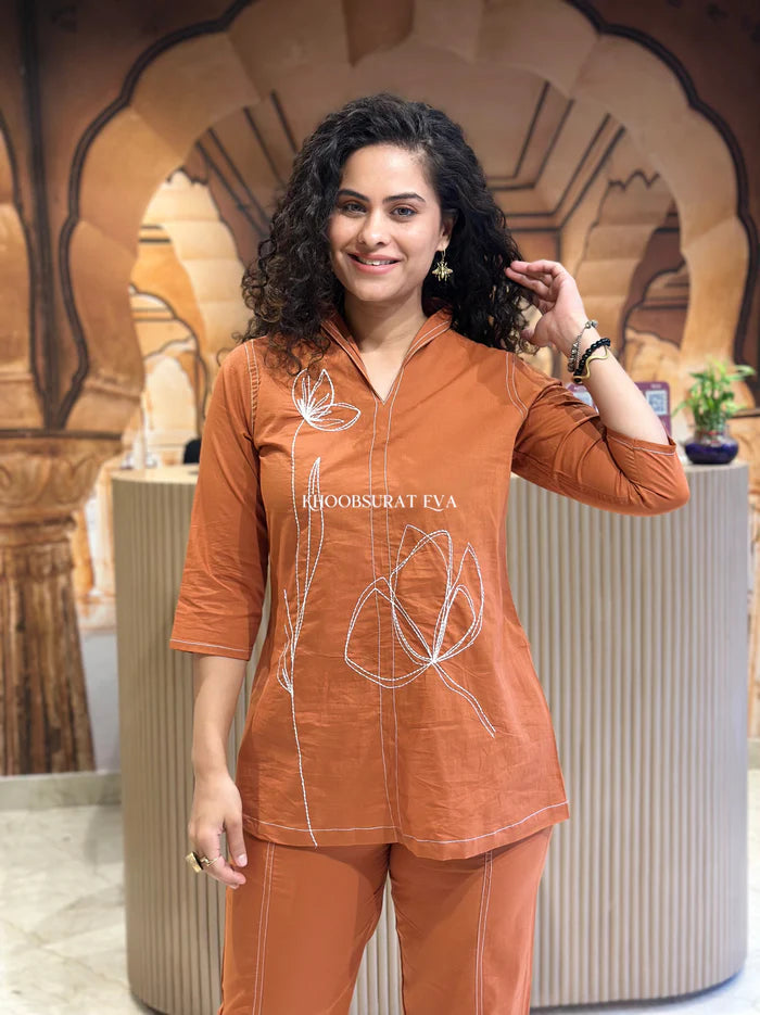 Brown Cotton Embroidered Co-Ord Set