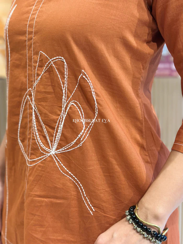 Brown Cotton Embroidered Co-Ord Set