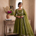 Olive Green Embroidered Anarkali Suit Set with Dupatta